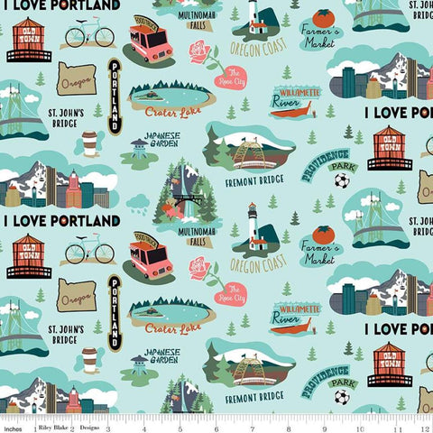 Oregon Main Aqua C7580 Blue - Riley Blake Designs - Willamette River Bridges Food Trucks The Rose City - Quilting Cotton Fabric