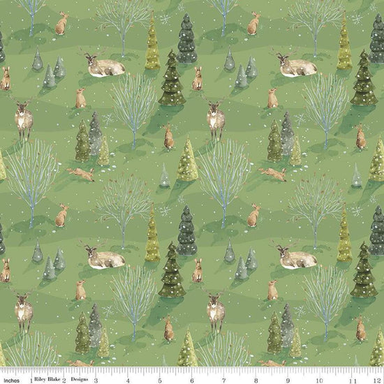 Image of the Santa's Tree Farm Woodland Green quilting cotton fabric by Riley Blake Designs. Features animals on a green background. Cute Little Fabric Shop