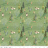 Image of the Santa's Tree Farm Woodland Green quilting cotton fabric by Riley Blake Designs. Features animals on a green background. Cute Little Fabric Shop