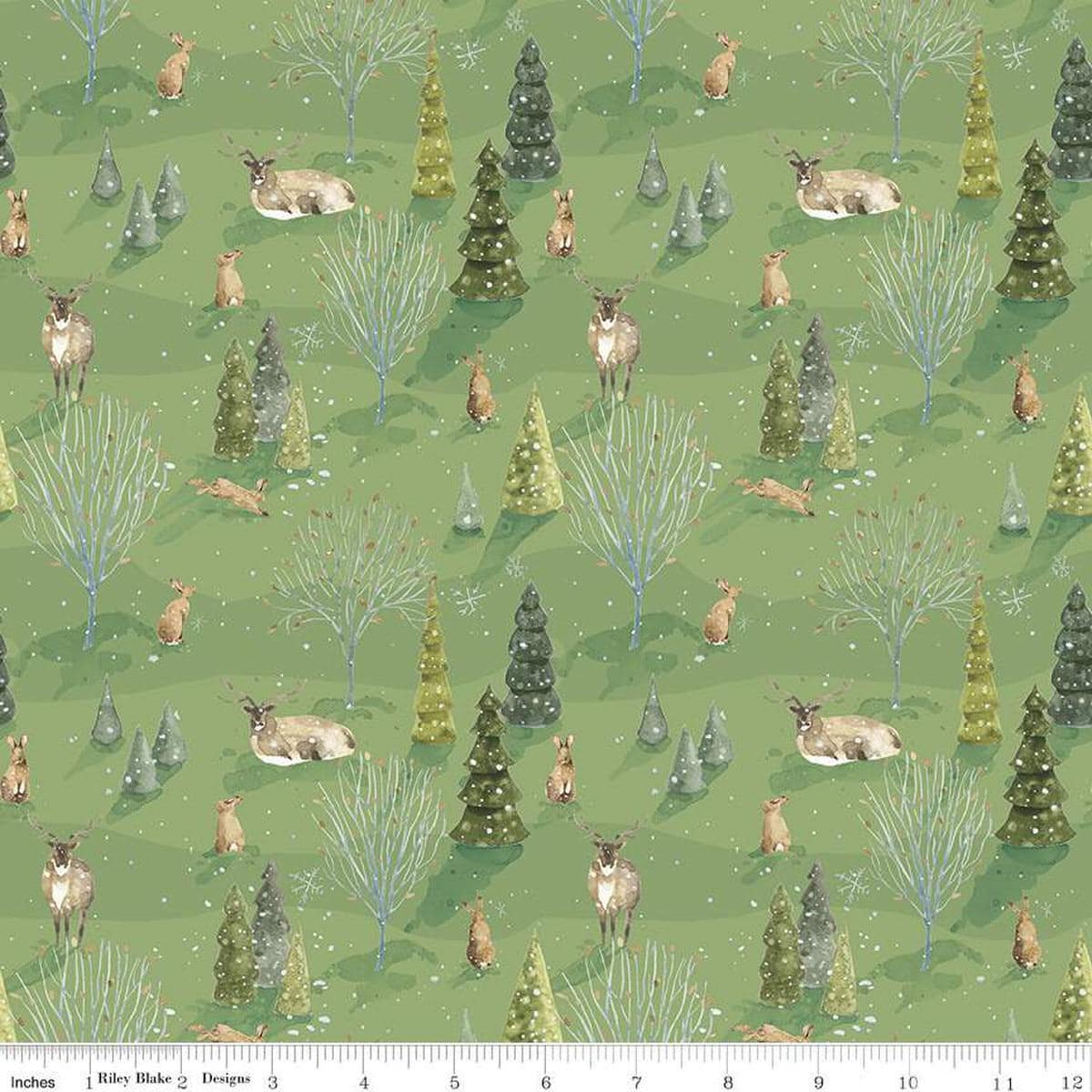 Image of the Santa's Tree Farm Woodland Green quilting cotton fabric by Riley Blake Designs. Features animals on a green background. Cute Little Fabric Shop