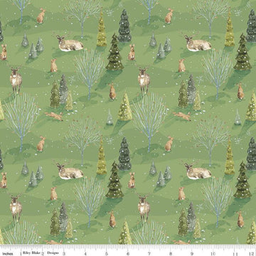 Image of the Santa's Tree Farm Woodland Green quilting cotton fabric by Riley Blake Designs. Features animals on a green background. Cute Little Fabric Shop