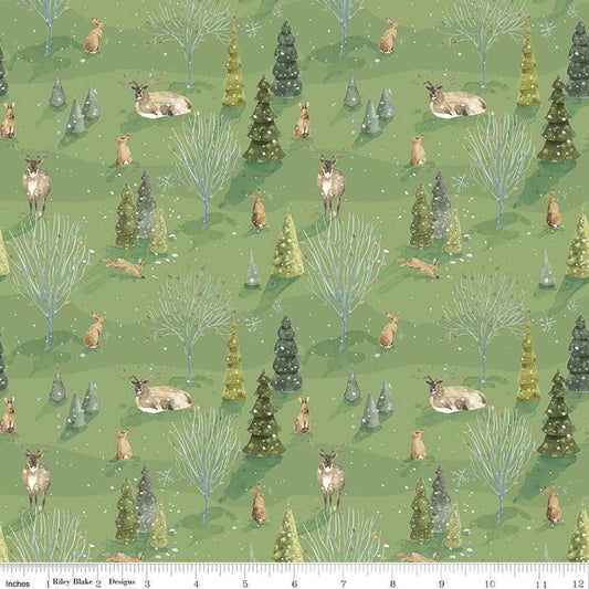 Image of the Santa's Tree Farm Woodland Green quilting cotton fabric by Riley Blake Designs. Features animals on a green background. Cute Little Fabric Shop