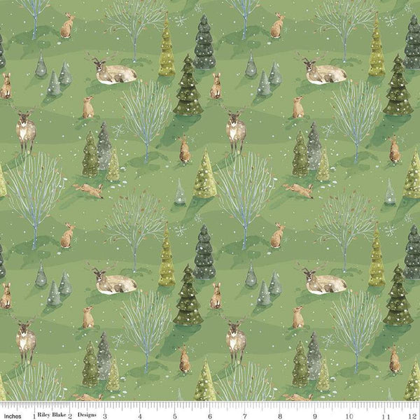 Image of the Santa&#39;s Tree Farm Woodland Green quilting cotton fabric by Riley Blake Designs. Features animals on a green background. Cute Little Fabric Shop