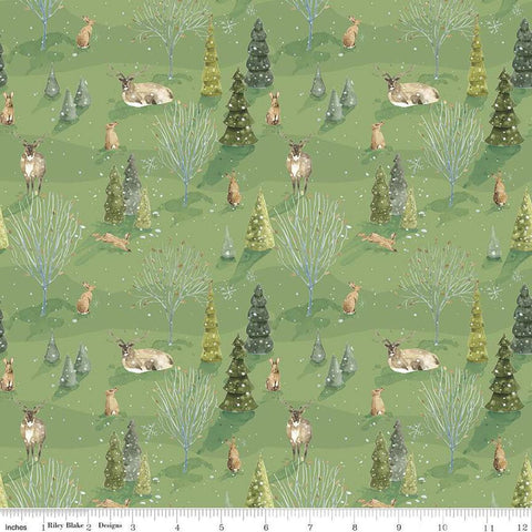 Image of the Santa&#39;s Tree Farm Woodland Green quilting cotton fabric by Riley Blake Designs. Features animals on a green background. Cute Little Fabric Shop