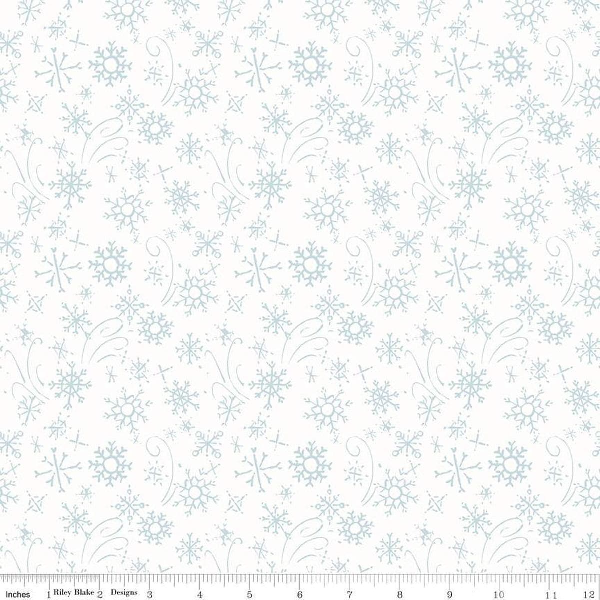 Image of the Santa's Tree Farm Snowflake Snowy quilting cotton fabric by Riley Blake Designs. Features snowflakes on a white background. Cute Little Fabric Shop