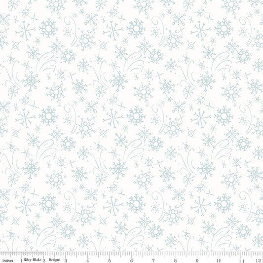 Image of the Santa's Tree Farm Snowflake Snowy quilting cotton fabric by Riley Blake Designs. Features snowflakes on a white background. Cute Little Fabric Shop