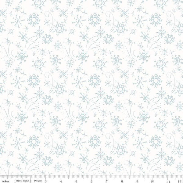Image of the Santa&#39;s Tree Farm Snowflake Snowy quilting cotton fabric by Riley Blake Designs. Features snowflakes on a white background. Cute Little Fabric Shop