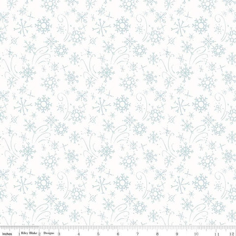 Image of the Santa&#39;s Tree Farm Snowflake Snowy quilting cotton fabric by Riley Blake Designs. Features snowflakes on a white background. Cute Little Fabric Shop