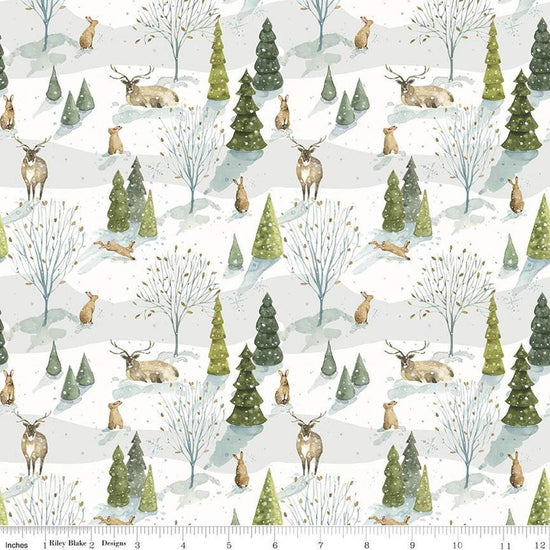 Image of the Santa's Tree Farm Woodland Snowy quilting cotton fabric by Riley Blake Designs. Features animals on a white background. Cute Little Fabric Shop