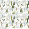 Image of the Santa's Tree Farm Woodland Snowy quilting cotton fabric by Riley Blake Designs. Features animals on a white background. Cute Little Fabric Shop