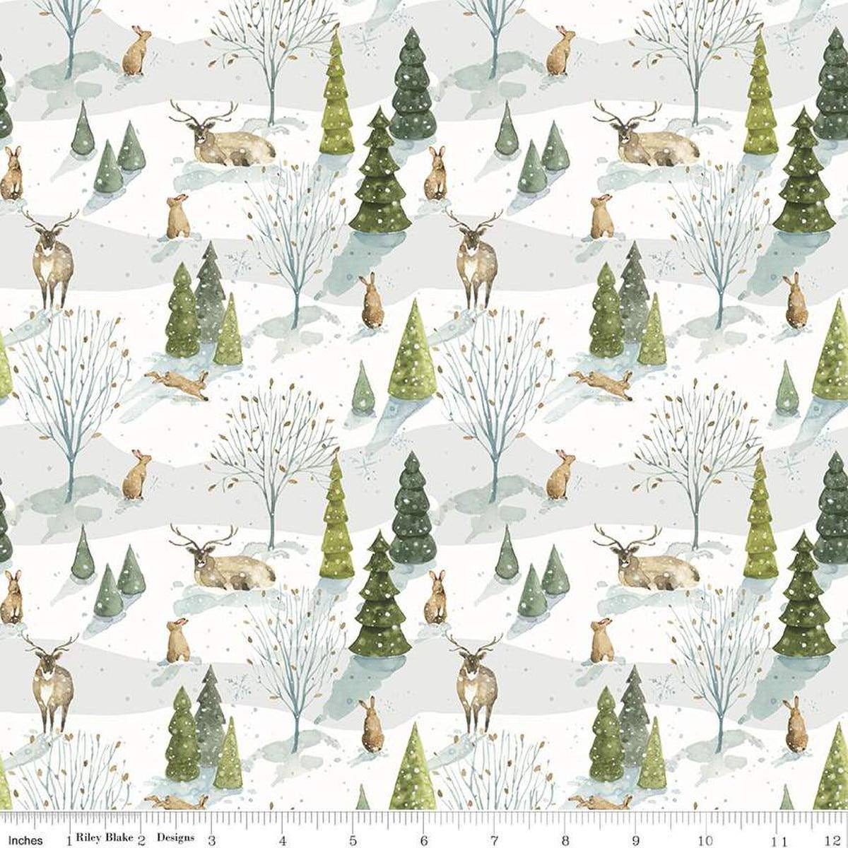 Image of the Santa's Tree Farm Woodland Snowy quilting cotton fabric by Riley Blake Designs. Features animals on a white background. Cute Little Fabric Shop