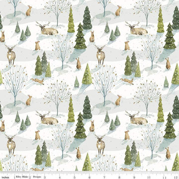 Image of the Santa's Tree Farm Woodland Snowy quilting cotton fabric by Riley Blake Designs. Features animals on a white background. Cute Little Fabric Shop