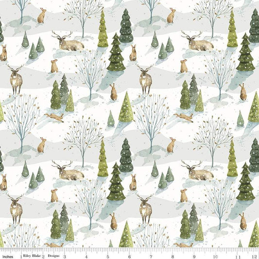 Image of the Santa's Tree Farm Woodland Snowy quilting cotton fabric by Riley Blake Designs. Features animals on a white background. Cute Little Fabric Shop