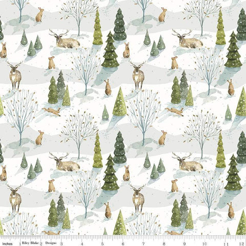 Image of the Santa&#39;s Tree Farm Woodland Snowy quilting cotton fabric by Riley Blake Designs. Features animals on a white background. Cute Little Fabric Shop