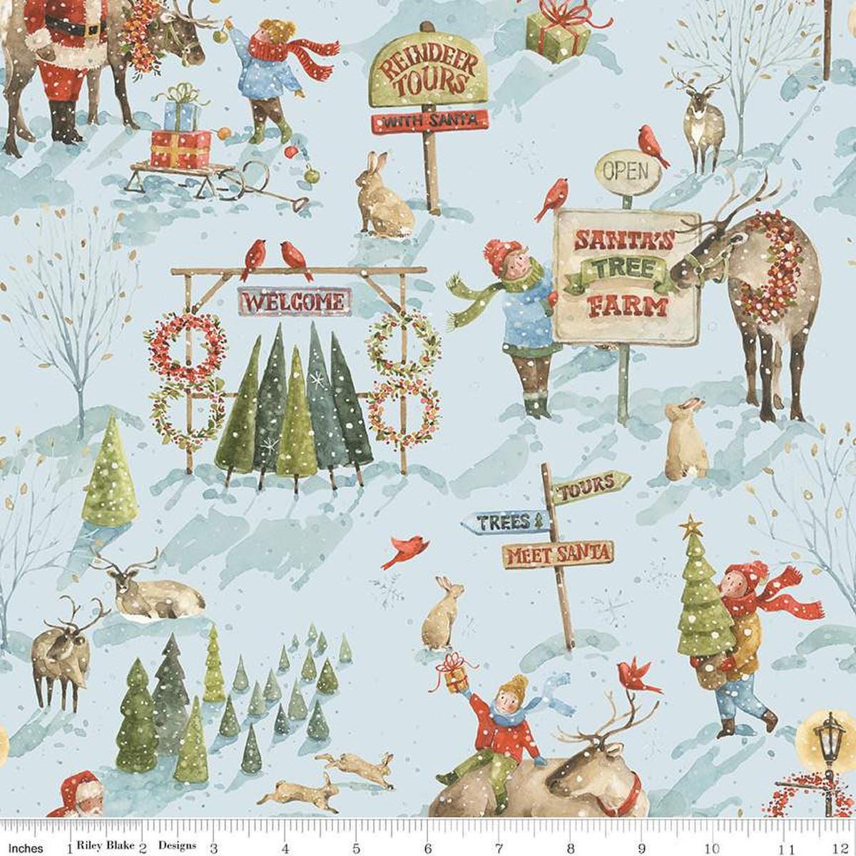 Image of the Santa's Tree Farm Main Sky quilting cotton fabric by Riley Blake Designs. Features christmas icons on a blue background. Cute Little Fabric Shop