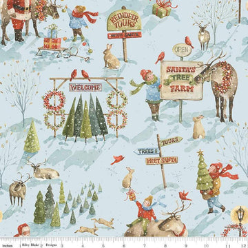 Image of the Santa's Tree Farm Main Sky quilting cotton fabric by Riley Blake Designs. Features christmas icons on a blue background. Cute Little Fabric Shop