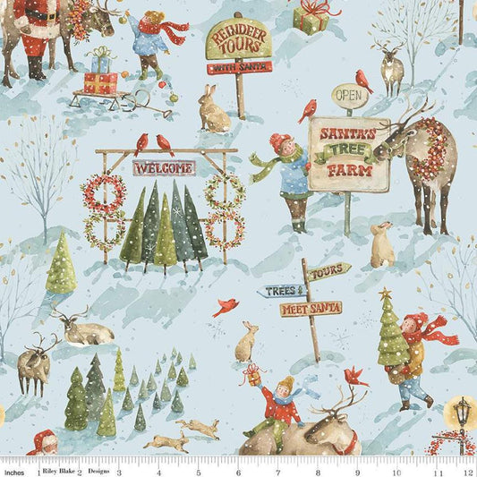 Image of the Santa's Tree Farm Main Sky quilting cotton fabric by Riley Blake Designs. Features christmas icons on a blue background. Cute Little Fabric Shop