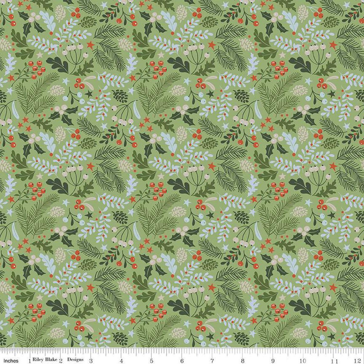 Image of the Santa's Tree Farm Berries & Boughs Green quilting cotton fabric by Riley Blake Designs. Features leaves on a green background. Cute Little Fabric Shop
