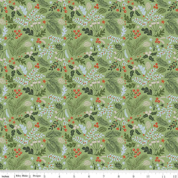 Image of the Santa&#39;s Tree Farm Berries & Boughs Green quilting cotton fabric by Riley Blake Designs. Features leaves on a green background. Cute Little Fabric Shop