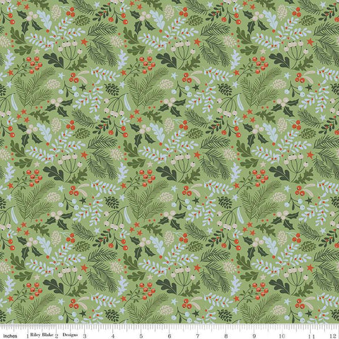 Image of the Santa&#39;s Tree Farm Berries & Boughs Green quilting cotton fabric by Riley Blake Designs. Features leaves on a green background. Cute Little Fabric Shop