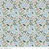 Image of the Santa's Tree Farm Berries & Boughs Sky quilting cotton fabric by Riley Blake Designs. Features leaves on a blue background. Cute Little Fabric Shop
