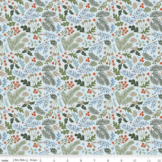 Image of the Santa's Tree Farm Berries & Boughs Sky quilting cotton fabric by Riley Blake Designs. Features leaves on a blue background. Cute Little Fabric Shop