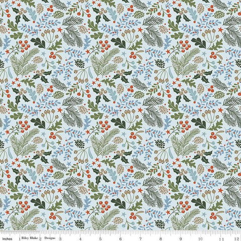 Image of the Santa&#39;s Tree Farm Berries & Boughs Sky quilting cotton fabric by Riley Blake Designs. Features leaves on a blue background. Cute Little Fabric Shop