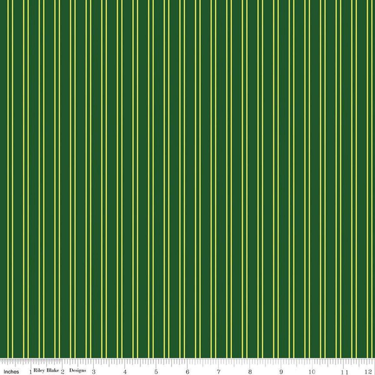 Image of the Pickleball Stripes Green quilting cotton fabric by Riley Blake Designs. Features pickleball items on a green background. Cute Little Fabric Shop