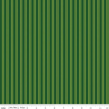 Image of the Pickleball Stripes Green quilting cotton fabric by Riley Blake Designs. Features pickleball items on a green background. Cute Little Fabric Shop