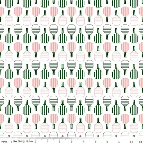 Image of the Pickleball Paddles White quilting cotton fabric by Riley Blake Designs. Features paddles on a white background. Cute Little Fabric Shop