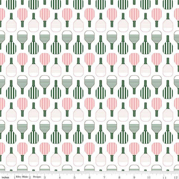 Image of the Pickleball Paddles White quilting cotton fabric by Riley Blake Designs. Features paddles on a white background. Cute Little Fabric Shop