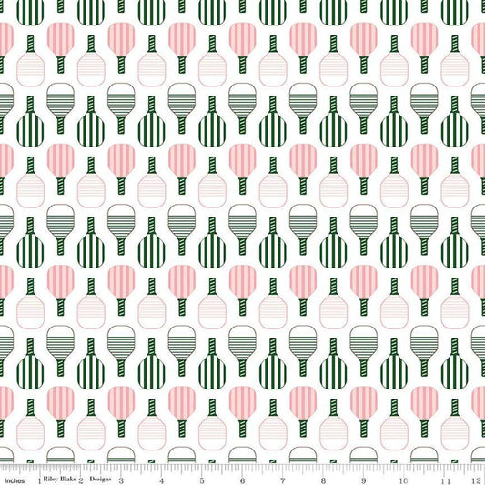Image of the Pickleball Paddles White quilting cotton fabric by Riley Blake Designs. Features paddles on a white background. Cute Little Fabric Shop