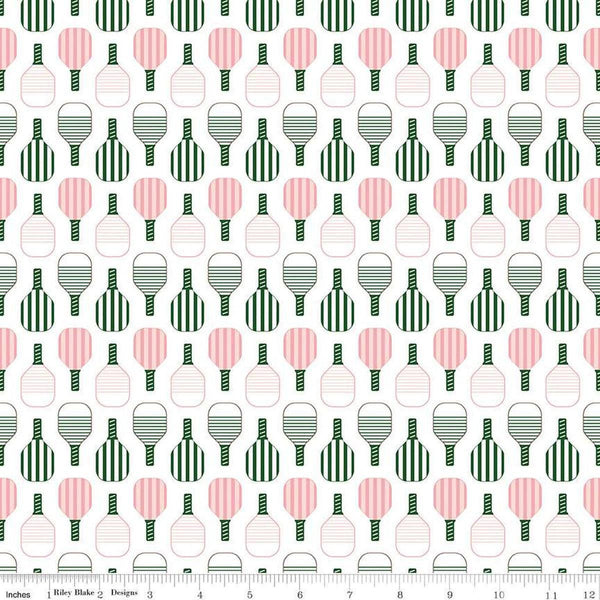 Image of the Pickleball Paddles White quilting cotton fabric by Riley Blake Designs. Features paddles on a white background. Cute Little Fabric Shop