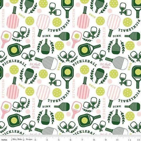 Image of the Pickleball Main White quilting cotton fabric by Riley Blake Designs. Features pickleball items on a white background. Cute Little Fabric Shop