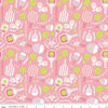 Image of the Pickleball Main Pink quilting cotton fabric by Riley Blake Designs. Features pickleball items on a pink background. Cute Little Fabric Shop