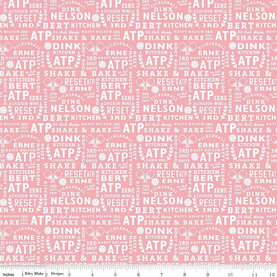 Image of the Pickleball Text Pink quilting cotton fabric by Riley Blake Designs. Features text on a pink background. Cute Little Fabric Shop