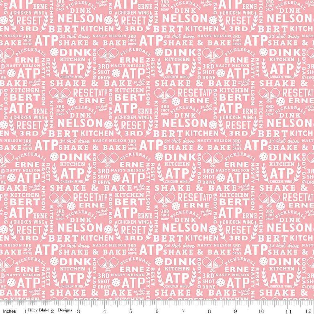 Image of the Pickleball Text Pink quilting cotton fabric by Riley Blake Designs. Features text on a pink background. Cute Little Fabric Shop