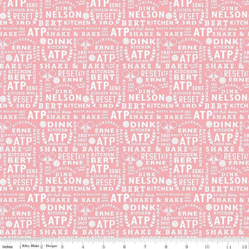 Image of the Pickleball Text Pink quilting cotton fabric by Riley Blake Designs. Features text on a pink background. Cute Little Fabric Shop