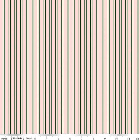 Image of the Pickleball Stripes Blush quilting cotton fabric by Riley Blake Designs. Features pickleball items on a pink background. Cute Little Fabric Shop