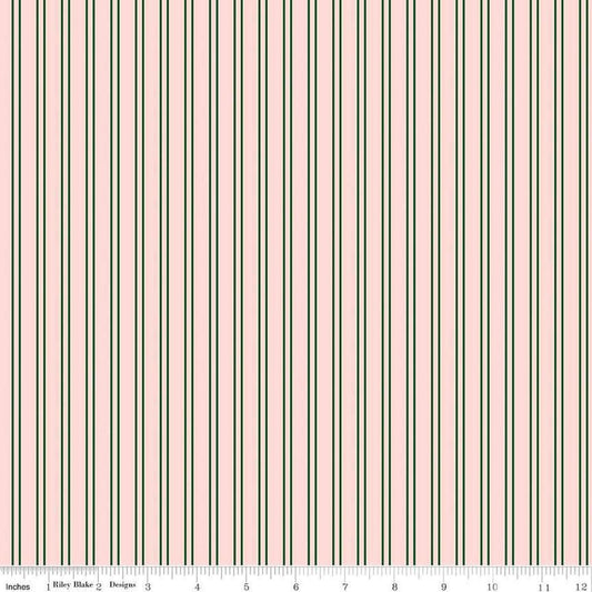 Image of the Pickleball Stripes Blush quilting cotton fabric by Riley Blake Designs. Features pickleball items on a pink background. Cute Little Fabric Shop