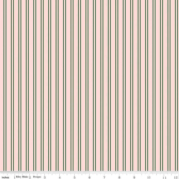 Image of the Pickleball Stripes Blush quilting cotton fabric by Riley Blake Designs. Features pickleball items on a pink background. Cute Little Fabric Shop