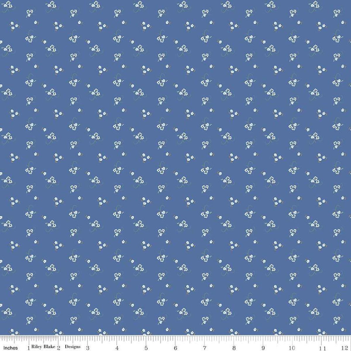Image of the Bluegrass Charm Floral Blue quilting cotton fabric by Riley Blake Designs. Features flowers on a blue background. Cute Little Fabric Shop