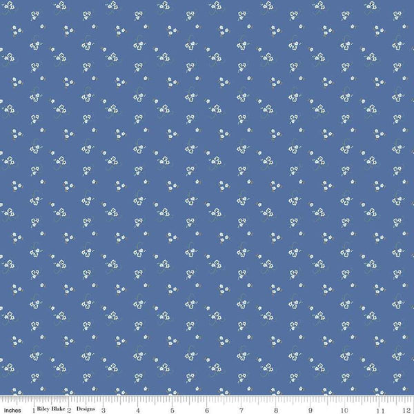 Image of the Bluegrass Charm Floral Blue quilting cotton fabric by Riley Blake Designs. Features flowers on a blue background. Cute Little Fabric Shop