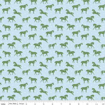 Image of the Bluegrass Charm Horses Mist quilting cotton fabric by Riley Blake Designs. Features horses on a blue background. Cute Little Fabric Shop