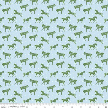 Image of the Bluegrass Charm Horses Mist quilting cotton fabric by Riley Blake Designs. Features horses on a blue background. Cute Little Fabric Shop