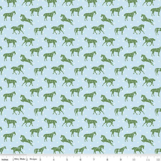 Image of the Bluegrass Charm Horses Mist quilting cotton fabric by Riley Blake Designs. Features horses on a blue background. Cute Little Fabric Shop