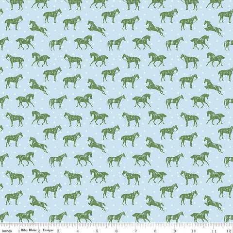 Image of the Bluegrass Charm Horses Mist quilting cotton fabric by Riley Blake Designs. Features horses on a blue background. Cute Little Fabric Shop