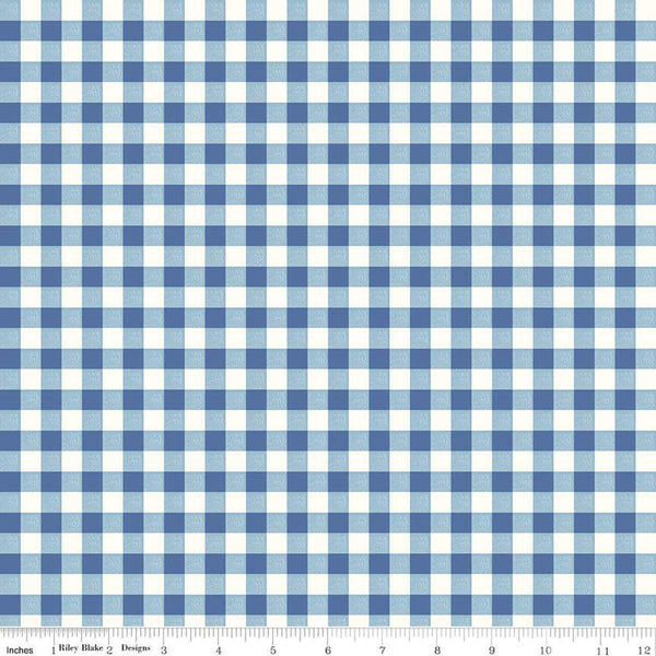 Image of the Bluegrass Charm Gingham Blue quilting cotton fabric by Riley Blake Designs. Features gingham on a blue background. Cute Little Fabric Shop