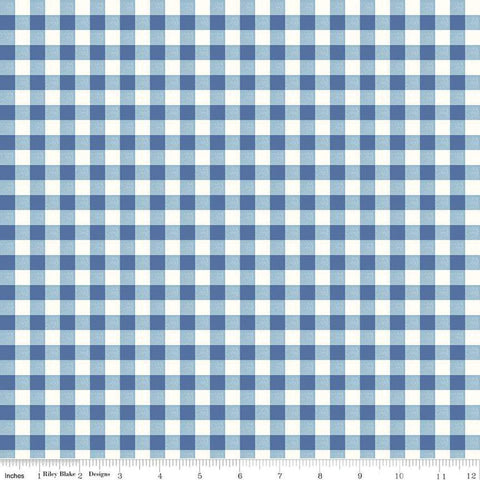 Image of the Bluegrass Charm Gingham Blue quilting cotton fabric by Riley Blake Designs. Features gingham on a blue background. Cute Little Fabric Shop