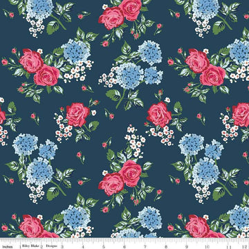 Image of the Bluegrass Charm Main Navy quilting cotton fabric by Riley Blake Designs. Features flowers on a blue background. Cute Little Fabric Shop